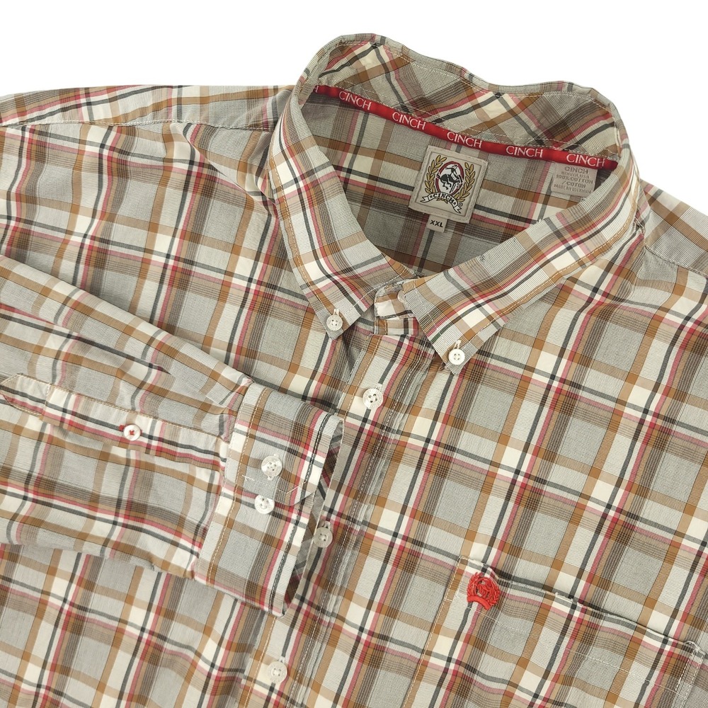 Cinch Shirt Mens 2XL Beige Plaid Long Sleeve Button Down Western Cotton Casual